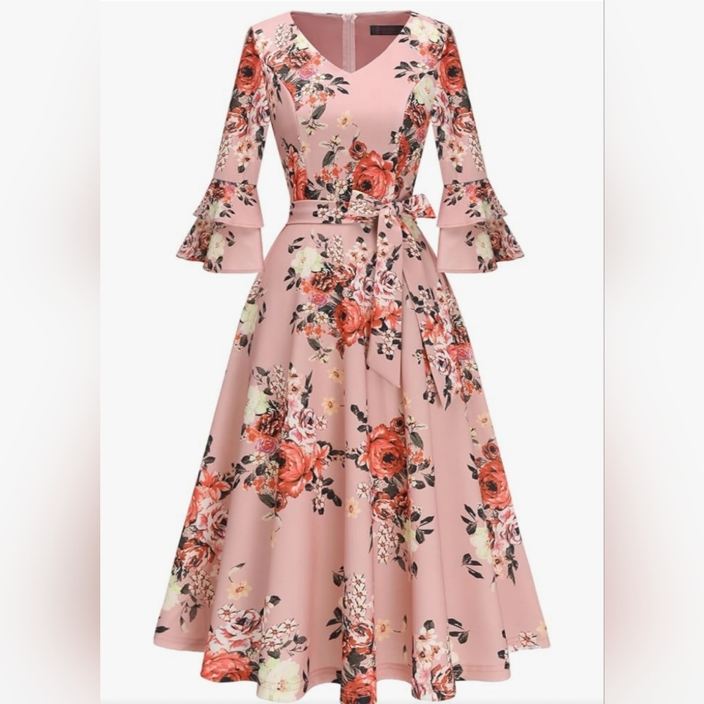 DRESSTELLS Cocktail Semi Formal Dress. Knee Length. Belt At Waist.